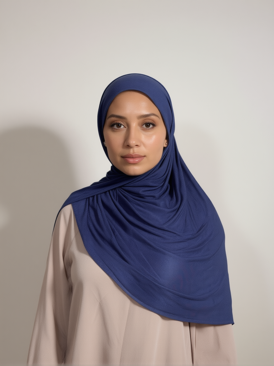 Premium Blue Jersey Hijab styled outfit Bee Modesty Canada