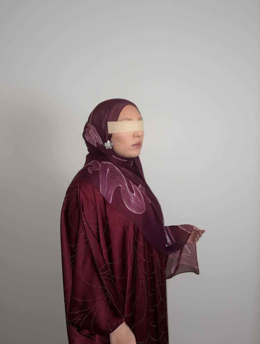 Person wearing a burgundy abaya with intricate patterns on a plain background